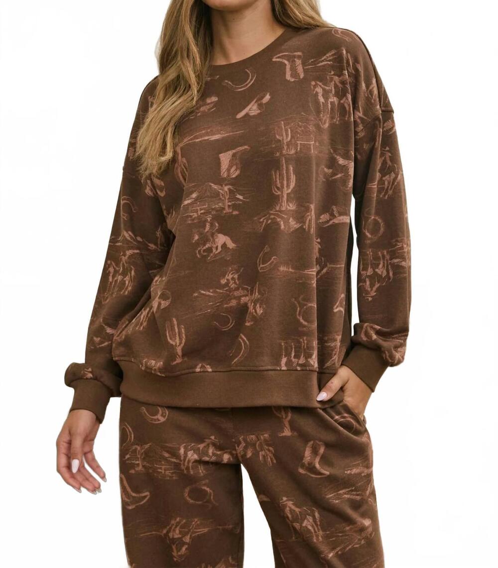 NEW BLU PEPPER women's western print crewneck top in brown